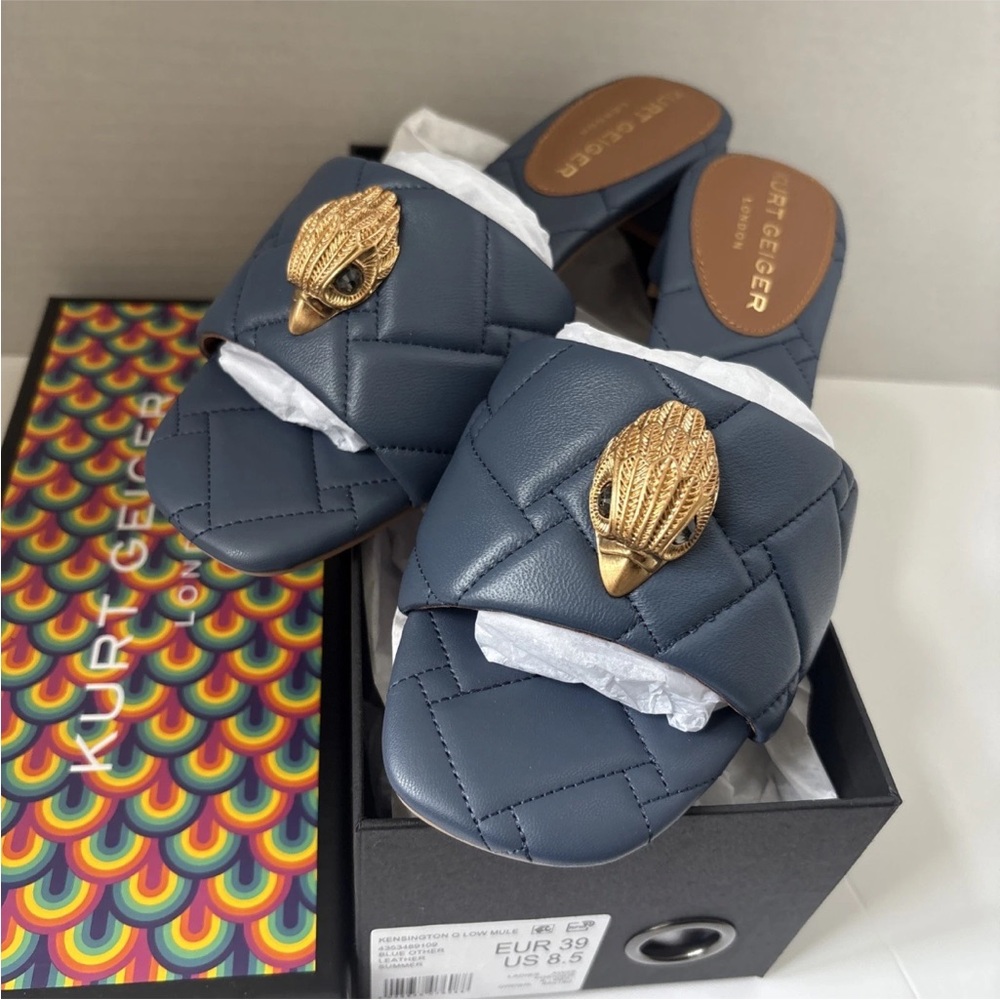 Kurt Gieger Kensington Quilted Leather Logo Ornament Block Heel Slide Blue 8.5